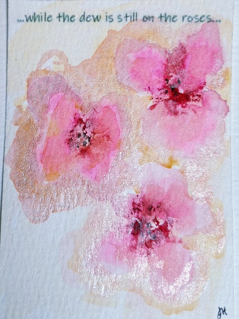 ACEO Original Painting Rose and Gold Floral Watercolor OOAK Hymn Ships Free